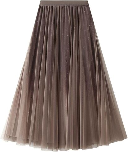 Womens Sequin Tulle Skirts Pleated A-line Mesh Skirt Elastic High Waist Midi Tulle Skirts Swing Gradient Skirt 2025 in Saudi Arabia