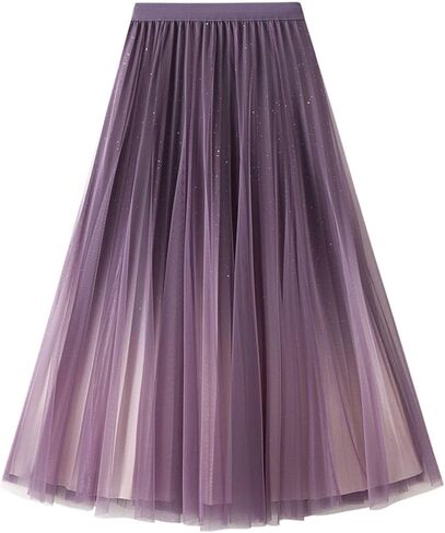 Womens Sequin Tulle Skirts Pleated A-line Mesh Skirt Elastic High Waist Midi Tulle Skirts Swing Gradient Skirt 2025 in Saudi Arabia