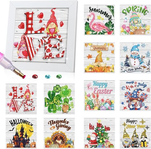 Trandraft 13 Pcs Interchangeable Seasonal Diamond Painting Kits Christmas Diamond Art Kits with Frame Seasonal Cute Cartoon Diamond Painting for Holiday Christmas Home Table Decor Art Craft Gifts in Kuwait