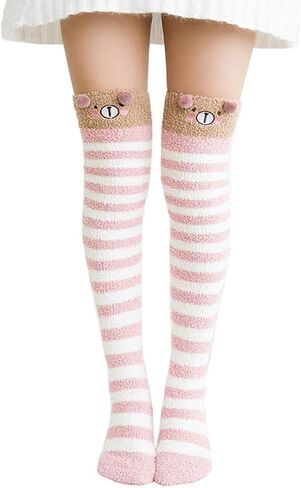 Over Knee High Socks Winter ladies Thigh Long Striped Coral Fleece Warm Soft Cartoon Fuzzy Leg Warmers Pink Bear in Saudi Arabia