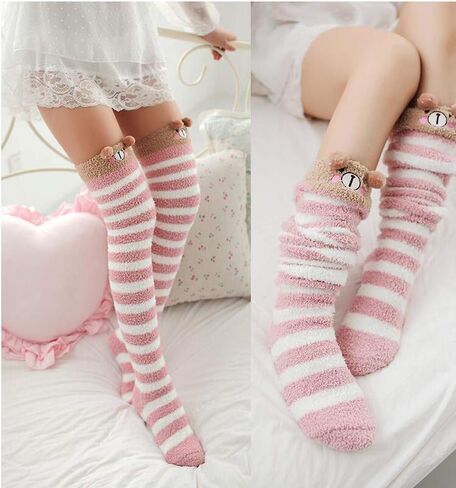Over Knee High Socks Winter ladies Thigh Long Striped Coral Fleece Warm Soft Cartoon Fuzzy Leg Warmers Pink Bear in Saudi Arabia
