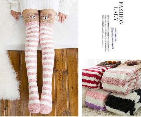 Over Knee High Socks Winter ladies Thigh Long Striped Coral Fleece Warm Soft Cartoon Fuzzy Leg Warmers Pink Bear in Saudi Arabia