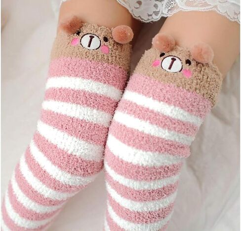 Over Knee High Socks Winter ladies Thigh Long Striped Coral Fleece Warm Soft Cartoon Fuzzy Leg Warmers Pink Bear in Saudi Arabia
