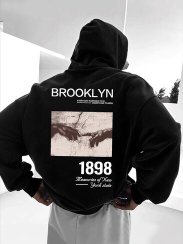 Mens Oversized Graphic Hoodies Pullover Vintage Print Long Sleeve Drawstring Sweatshirt Casual Trendy Clothes in Saudi Arabia