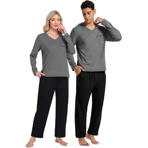 Pajamas for Men & Women Long Sleeve 2 Piece Sleep Lounge V Neck Lightweight Soft Loungewear Sets With Pockets in Saudi Arabia