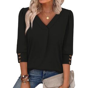 ملابس علوية نسائية بأكمام 3/4 من OFEEFAN مع أزرار ورقبة على شكل حرف V ملابس صيفية أنيقة بلوزات غير رسمية للنساء ملابس عصرية in Kuwait
