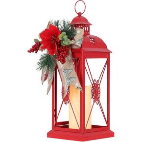 DECORKEY Christmas Decorations For Home, Decorative Christmas Lantern Indoor Outdoor Decor, Metal Hanging Candle Holder with Xmas Teardrop Wreath & LED Candle for Table Centerpieces, Patio, Porch(Red) in Kuwait
