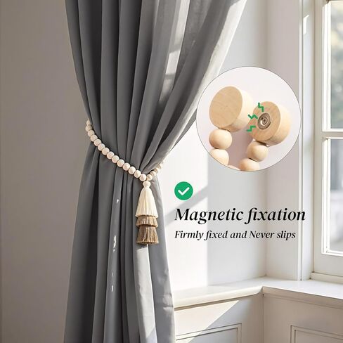 Magnetic Curtain Tiebacks – 2 Pack, 12.6" Natural Wood Beaded Holdbacks with Tassel, No-Drill Drapery Holders for Home & Apartment Décor, Blue (Blue) in Saudi Arabia