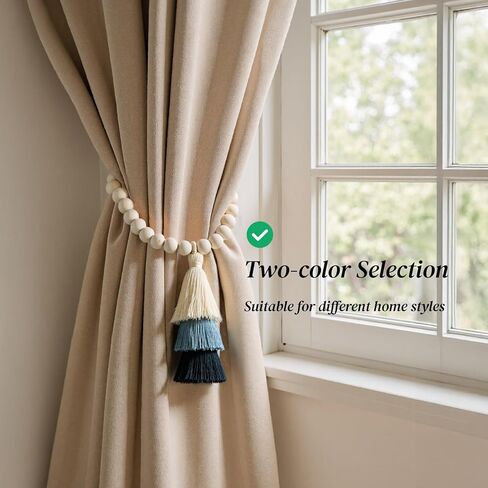 Magnetic Curtain Tiebacks – 2 Pack, 12.6" Natural Wood Beaded Holdbacks with Tassel, No-Drill Drapery Holders for Home & Apartment Décor, Blue (Blue) in Saudi Arabia