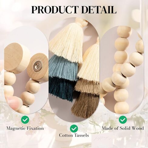 Magnetic Curtain Tiebacks – 2 Pack, 12.6" Natural Wood Beaded Holdbacks with Tassel, No-Drill Drapery Holders for Home & Apartment Décor, Blue (Blue) in Saudi Arabia