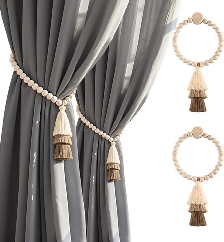 Magnetic Curtain Tiebacks – 2 Pack, 12.6" Natural Wood Beaded Holdbacks with Tassel, No-Drill Drapery Holders for Home & Apartment Décor, Blue (Blue) in Saudi Arabia