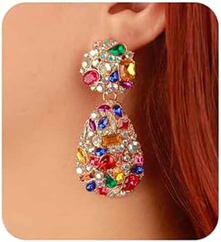 Wiwpar Fashion Rhinestone Chandelier Earrings for Women 1920s Earrings Great Earrings Large Statement Teardrop Sparkly Rhinestone Dangle Earrings for Party Prom (Colorful) in Saudi Arabia