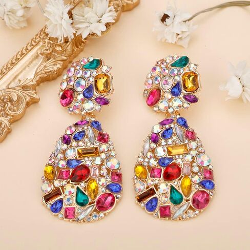 Wiwpar Fashion Rhinestone Chandelier Earrings for Women 1920s Earrings Great Earrings Large Statement Teardrop Sparkly Rhinestone Dangle Earrings for Party Prom (Colorful) in Saudi Arabia