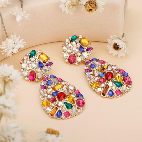 Wiwpar Fashion Rhinestone Chandelier Earrings for Women 1920s Earrings Great Earrings Large Statement Teardrop Sparkly Rhinestone Dangle Earrings for Party Prom (Colorful) in Saudi Arabia