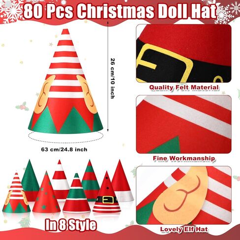 Toulite 80 Pcs Christmas Elf Hat bulk Elf Costume Accessories Felt Santa Hat for Adult Christmas Xmas Holiday Party Gift in Saudi Arabia