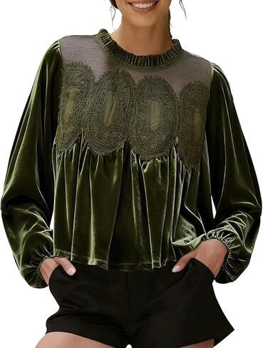 Velvet Tops for Women Lace Patchwork Mesh Top Elegant Babydoll Long Puff Sleeve Blouse Ruffle Vintage Shirts in Saudi Arabia