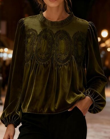 Velvet Tops for Women Lace Patchwork Mesh Top Elegant Babydoll Long Puff Sleeve Blouse Ruffle Vintage Shirts in Saudi Arabia