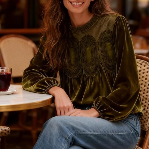 Velvet Tops for Women Lace Patchwork Mesh Top Elegant Babydoll Long Puff Sleeve Blouse Ruffle Vintage Shirts in Saudi Arabia
