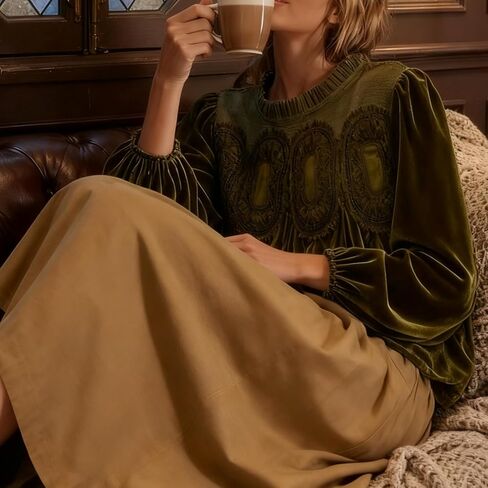 Velvet Tops for Women Lace Patchwork Mesh Top Elegant Babydoll Long Puff Sleeve Blouse Ruffle Vintage Shirts in Saudi Arabia