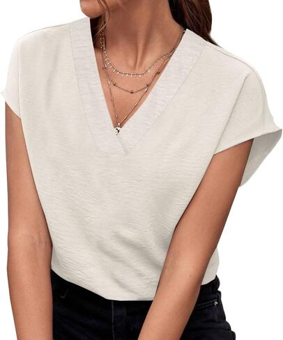 Women's V Neck Blouse 2025 Summer Textured Chiffon Top Cap Sleeve Loose Shirt for Office Work Casual in Saudi Arabia