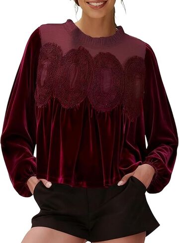 Velvet Tops for Women Lace Patchwork Mesh Top Elegant Babydoll Long Puff Sleeve Blouse Ruffle Vintage Shirts in Saudi Arabia