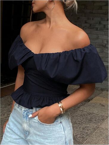 OYOANGLE Women's Off Shoulder Short Sleeve Blouse Fitted Y2K Ruffle Hem Peplum Tops in Saudi Arabia