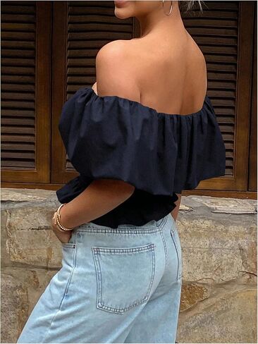 OYOANGLE Women's Off Shoulder Short Sleeve Blouse Fitted Y2K Ruffle Hem Peplum Tops in Saudi Arabia