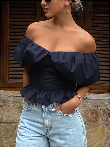 OYOANGLE Women's Off Shoulder Short Sleeve Blouse Fitted Y2K Ruffle Hem Peplum Tops in Saudi Arabia