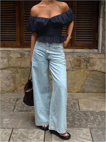 OYOANGLE Women's Off Shoulder Short Sleeve Blouse Fitted Y2K Ruffle Hem Peplum Tops in Saudi Arabia