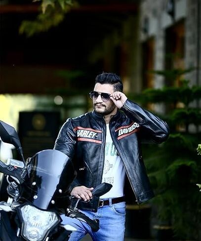 Men's Harley Biker Leather Jacket - Bill Goldberg Motorcycle Genuine Black Real Leather Jacket (US, Alpha, Medium, Regular, Regular, Black) in Saudi Arabia