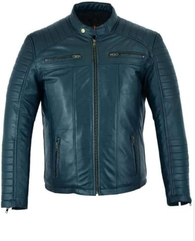 جاكيت رجالي كاجوال كلاسيكي من الجلد الأصلي لراكبي الدراجات النارية ريترو رايدر كافيه ريسر، أزرق مخضر عميق، أكتاف مبطنة in Kuwait