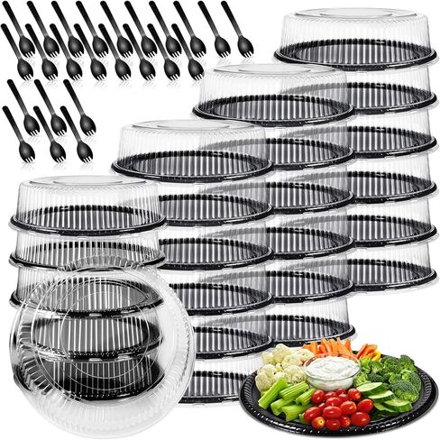 Tessco 12 Pack 16 Inch Heavy Duty Serving Tray with Clear Lid and Sporks, Large Plastic Tray Elegant Platter Round Black Disposable for Fruit Sandwich Party Takeout Food Catering Picnic in Saudi Arabia
