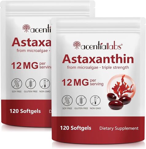 مكملات أستازانتين 12 ملجم - 120 كبسولة هلامية | مضادات الأكسدة الطبيعية الممتازة من الطحالب الدقيقة | دعم صحة العين والجلد والدماغ والمفاصل والقلب والمناعة | غير معدّل وراثيًا، وخالي من الغلوتين in Kuwait