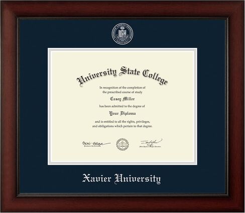 Xavier University 11" w x 8.5" h Diploma Frame - Fits a bachelor's and master's - Silver Embossed Diploma Frame - Cherry Moulding with Navy and Silver Matting - Officially Licensed in Saudi Arabia