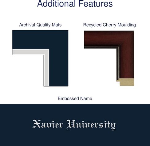 Xavier University 11" w x 8.5" h Diploma Frame - Fits a bachelor's and master's - Silver Embossed Diploma Frame - Cherry Moulding with Navy and Silver Matting - Officially Licensed in Saudi Arabia