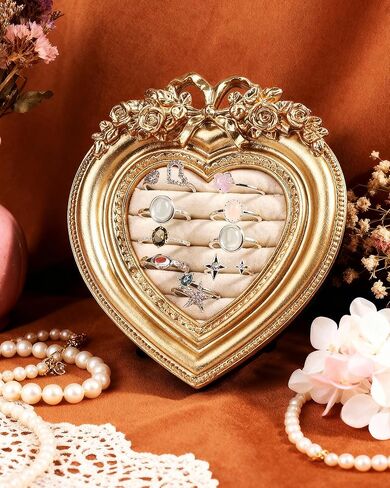 Vintage 14K Gold Plated Heart Ring Holder for Women - Jewelry Display Stand with Velvet Cushion, Wedding and Engagement Ring Organizer for Anniversary Valentine's Day Gift in Saudi Arabia