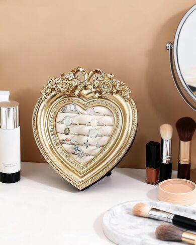 Vintage 14K Gold Plated Heart Ring Holder for Women - Jewelry Display Stand with Velvet Cushion, Wedding and Engagement Ring Organizer for Anniversary Valentine's Day Gift in Saudi Arabia