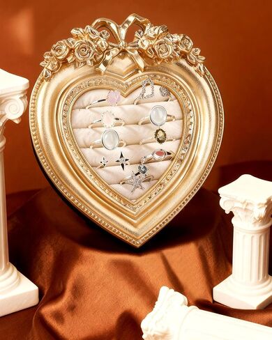 Vintage 14K Gold Plated Heart Ring Holder for Women - Jewelry Display Stand with Velvet Cushion, Wedding and Engagement Ring Organizer for Anniversary Valentine's Day Gift in Saudi Arabia