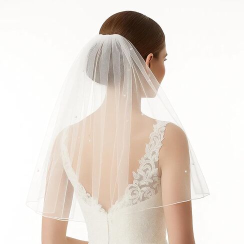 حجاب قصير، حجاب زفاف أنيق مرصع باللؤلؤ والكريستال، حجاب بطول الكتف للنساء لحفلات الزفاف، إكسسوارات شعر أحمر الخدود البراقة ليوم العروس الكبير والتقاط الصور in Kuwait