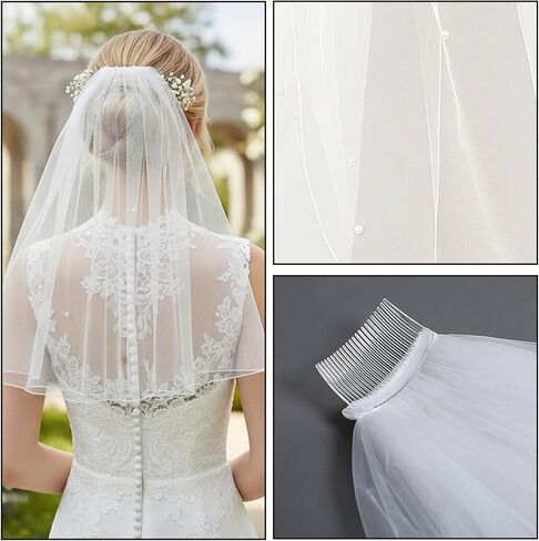 حجاب قصير، حجاب زفاف أنيق مرصع باللؤلؤ والكريستال، حجاب بطول الكتف للنساء لحفلات الزفاف، إكسسوارات شعر أحمر الخدود البراقة ليوم العروس الكبير والتقاط الصور in Kuwait