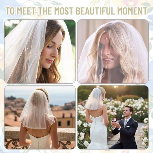 حجاب قصير، حجاب زفاف أنيق مرصع باللؤلؤ والكريستال، حجاب بطول الكتف للنساء لحفلات الزفاف، إكسسوارات شعر أحمر الخدود البراقة ليوم العروس الكبير والتقاط الصور in Kuwait