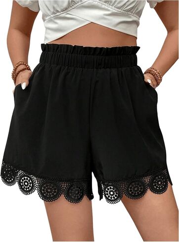 OYOANGLE Women's Plus Size Lace Embroidery Elastic High Waist Shorts Casual Wide Leg Shorts with Pocket in Saudi Arabia