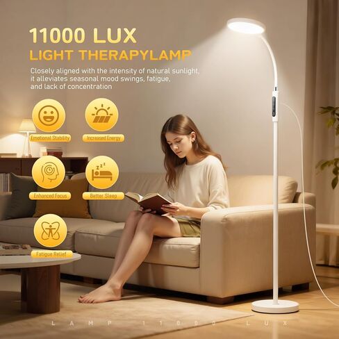Light Therapy Lamp, 11000 Lux UV-Free Floor Lamp, Full Spectrum LED Sunlight with Touch Remote Control, Adjustable 7 Color Temperatures 9 Brightness Levels for Office Living Room Reading White in Saudi Arabia