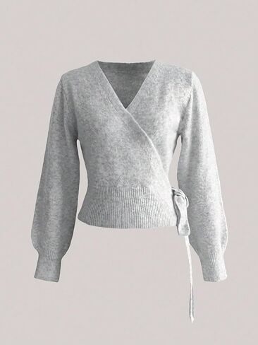 Milumia Women's V Neck Wrap Sweater Long Lantern Sleeve Cinched Waist Crop Tops Fall Knitwear in Kuwait