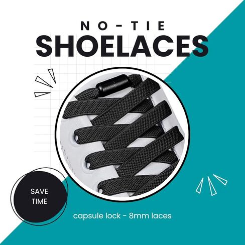 COJU Tidy Laces (قفل كبسولة) - زوجان من أربطة الأحذية المرنة بدون ربط، كبسولات ذات قفل ملتوي، أربطة مسطحة 8 مم، سهلة الارتداء للبالغين والأطفال in Kuwait