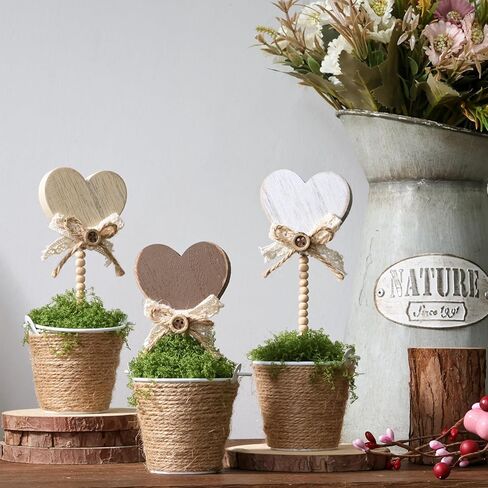 ديكور عيد الحب: علامة خشبية بوعاء صغير على شكل قلب ريفي، وعاء نبات على شكل قلب، قطعة مركزية على الطاولة، ديكور صينية متدرج، ديكورات عيد الحب في مزرعة بوهو للهدايا المنزلية، 3 قطع طبيعية in Kuwait