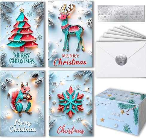 Holiday Greeting Cards with Envelopes and Stickers - Pack of 50 Merry Christmas Notes – 10 Unique Woodland Animals designs, Thick Cardstock, 4X6 Inch in a Sturdy Box, Blank Inside' (Mix) in Kuwait