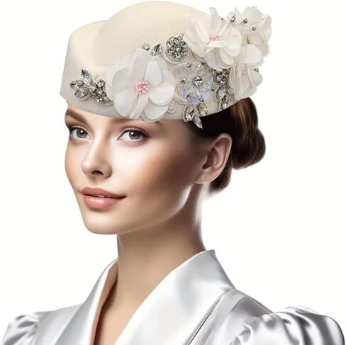 Vintage Wool Felt Pillbox Hat with Floral Appliques, Elegant Derby Church Fascinator for Women Wedding Tea Party Events in Saudi Arabia