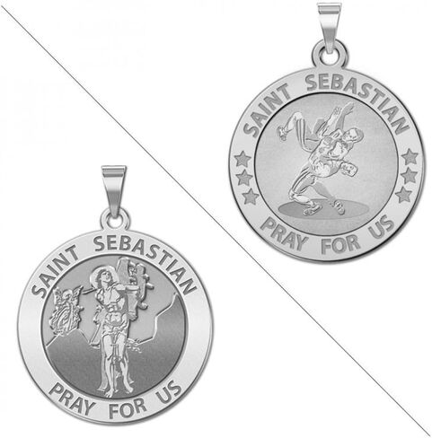 PicturesOnGold.com Wrestling - Saint Sebastian Doubledside Sports Religious Medal - 2/3 Inch Size of Dime, Sterling Silver in Saudi Arabia