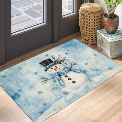 Blue Snowman Christmas Entryway Rugs 2x3 Winter Home Decor Doormat Small Non-Slip Low Pile Front Door Mat Washable Throw Rugs for Kitchen Bedroom Bathroom Xmas Holiday Decor in Saudi Arabia